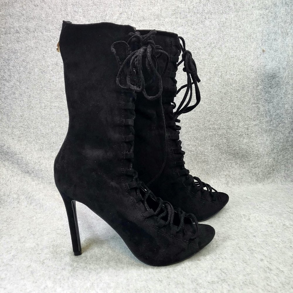 Open Front Lace Up High Heel Ankle Boots